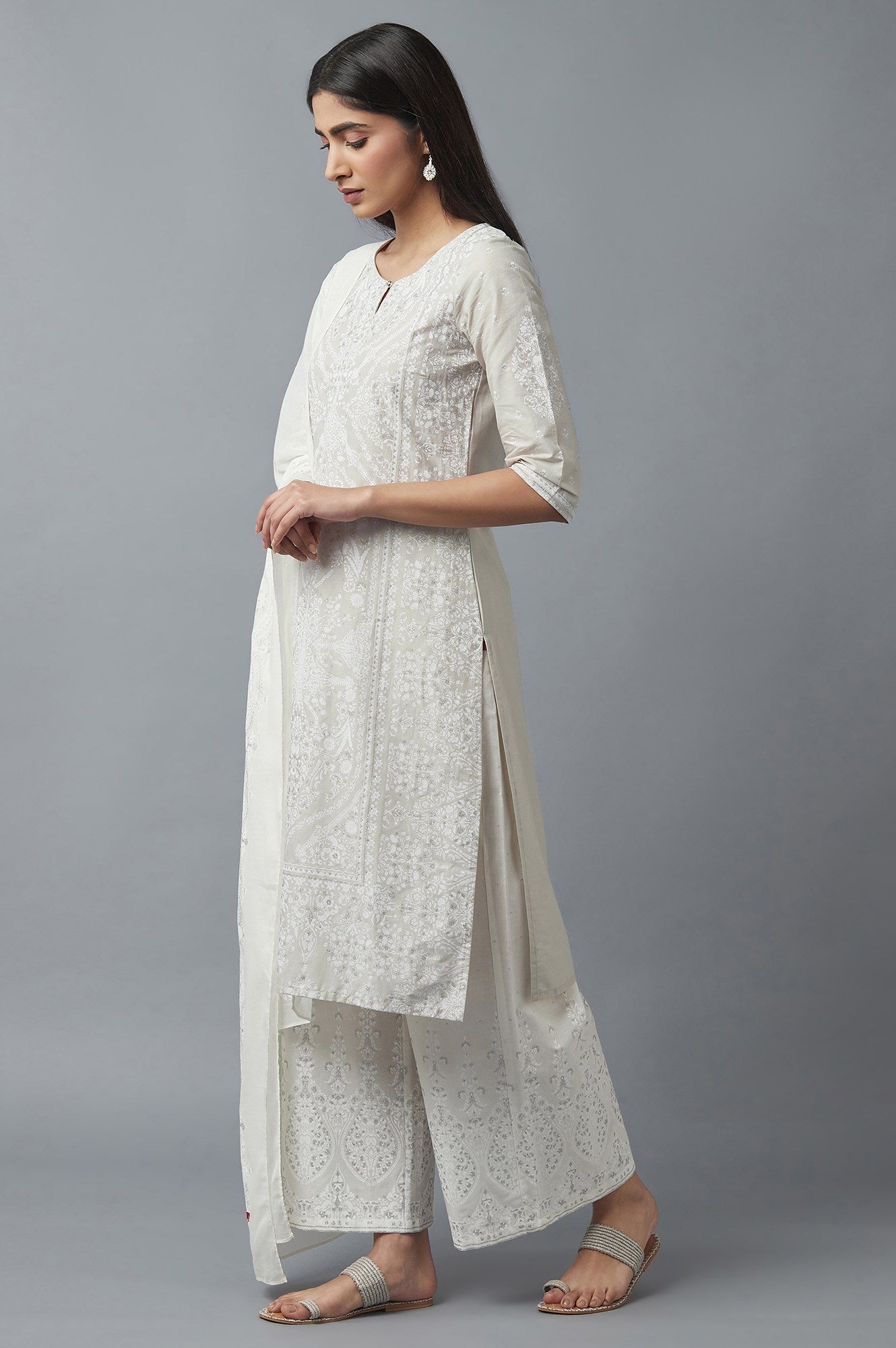 Light Grey Embroidered Kurta With Parallel Pants And Dupatta