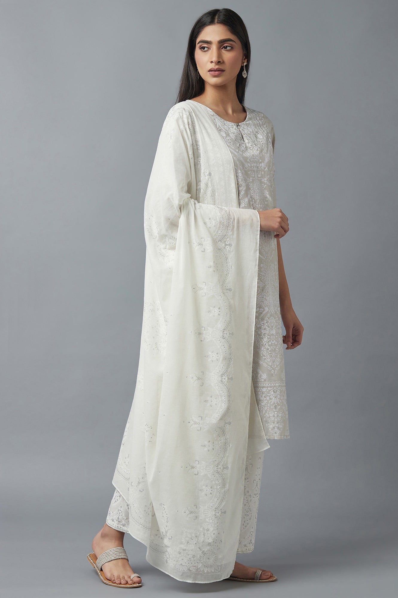 Light Grey Embroidered Kurta With Parallel Pants And Dupatta