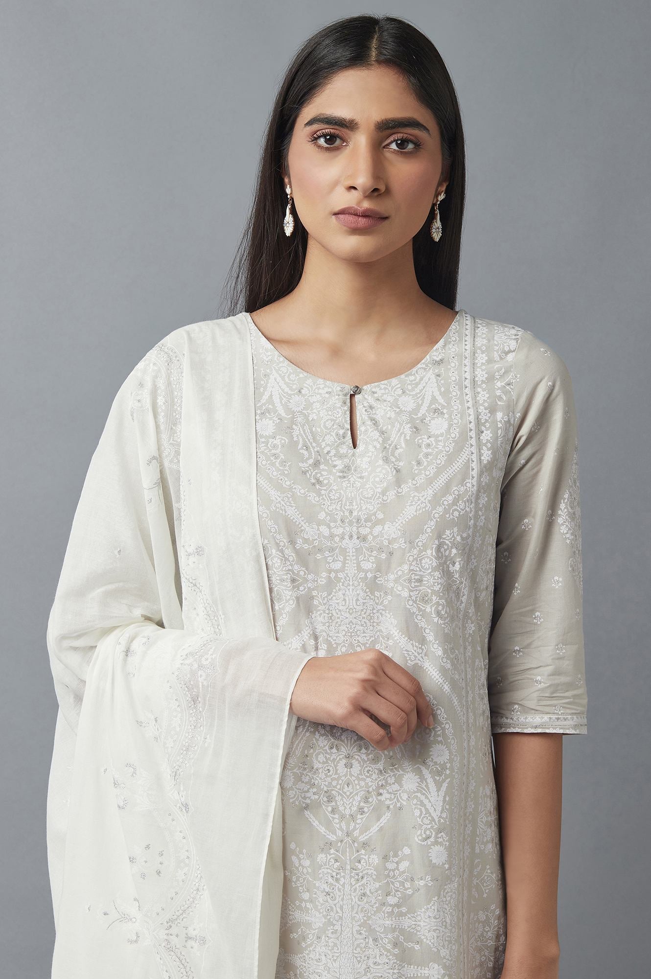 Light Grey Embroidered Kurta With Parallel Pants And Dupatta