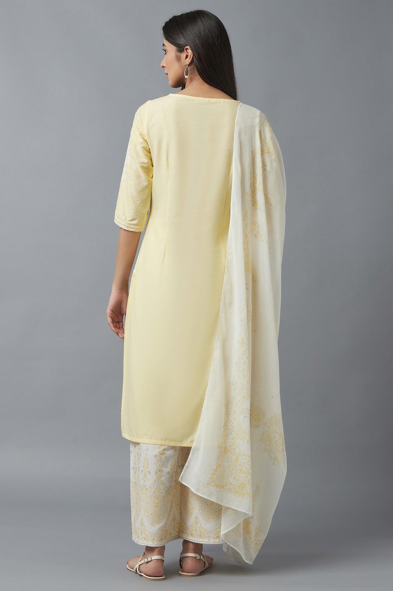 Yellow Embroidered kurta with Parallel Pants and Dupatta - wforwoman