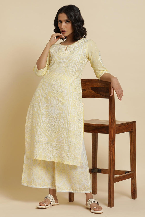 Yellow Glitter Printed Kurta & Parallel Pants