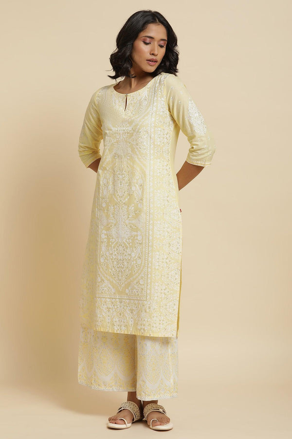Yellow Glitter Printed Kurta & Parallel Pants
