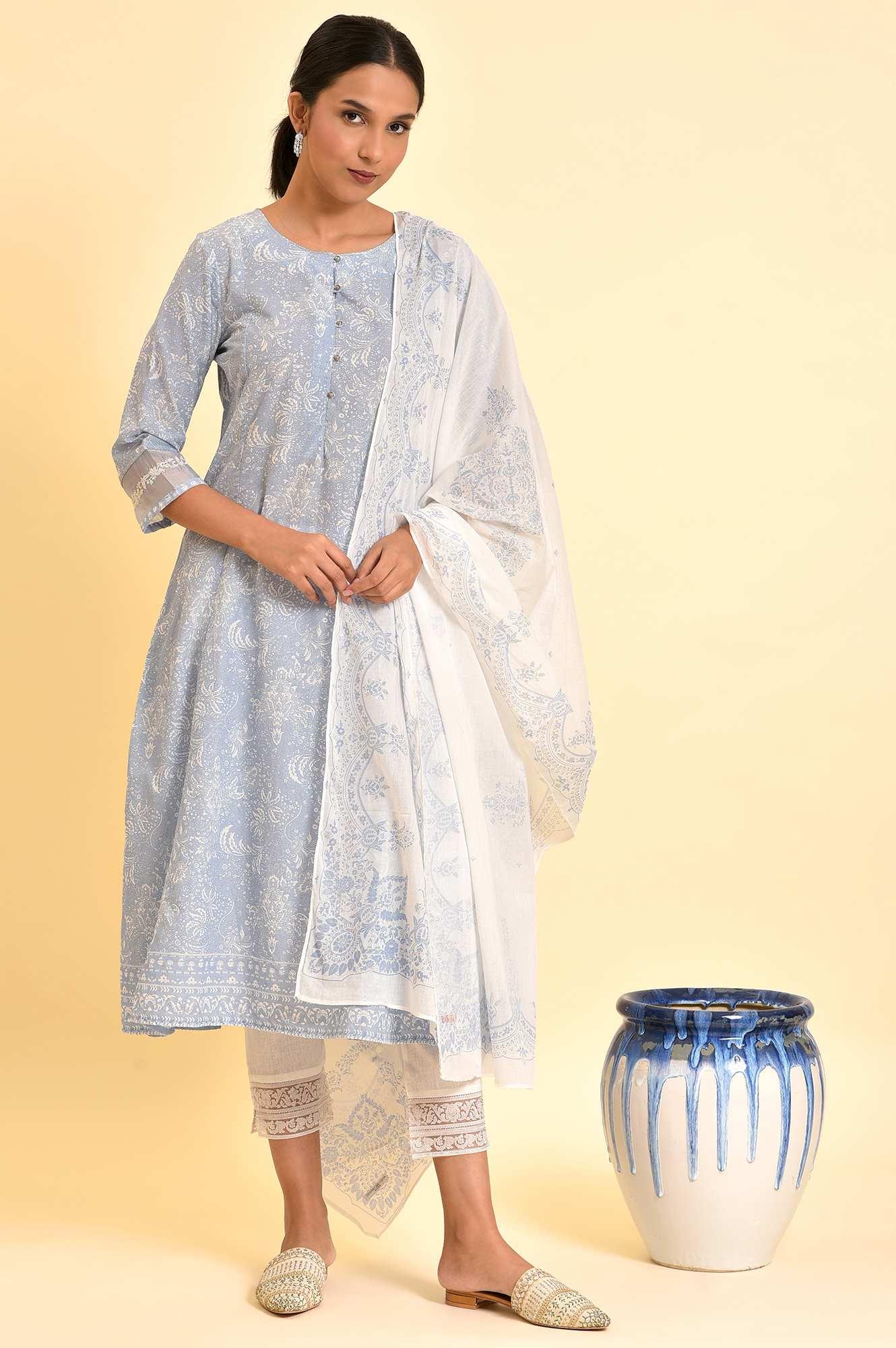 Skyway Blue Printed A-Line Kurta, Pants And Dupatta Set - wforwoman