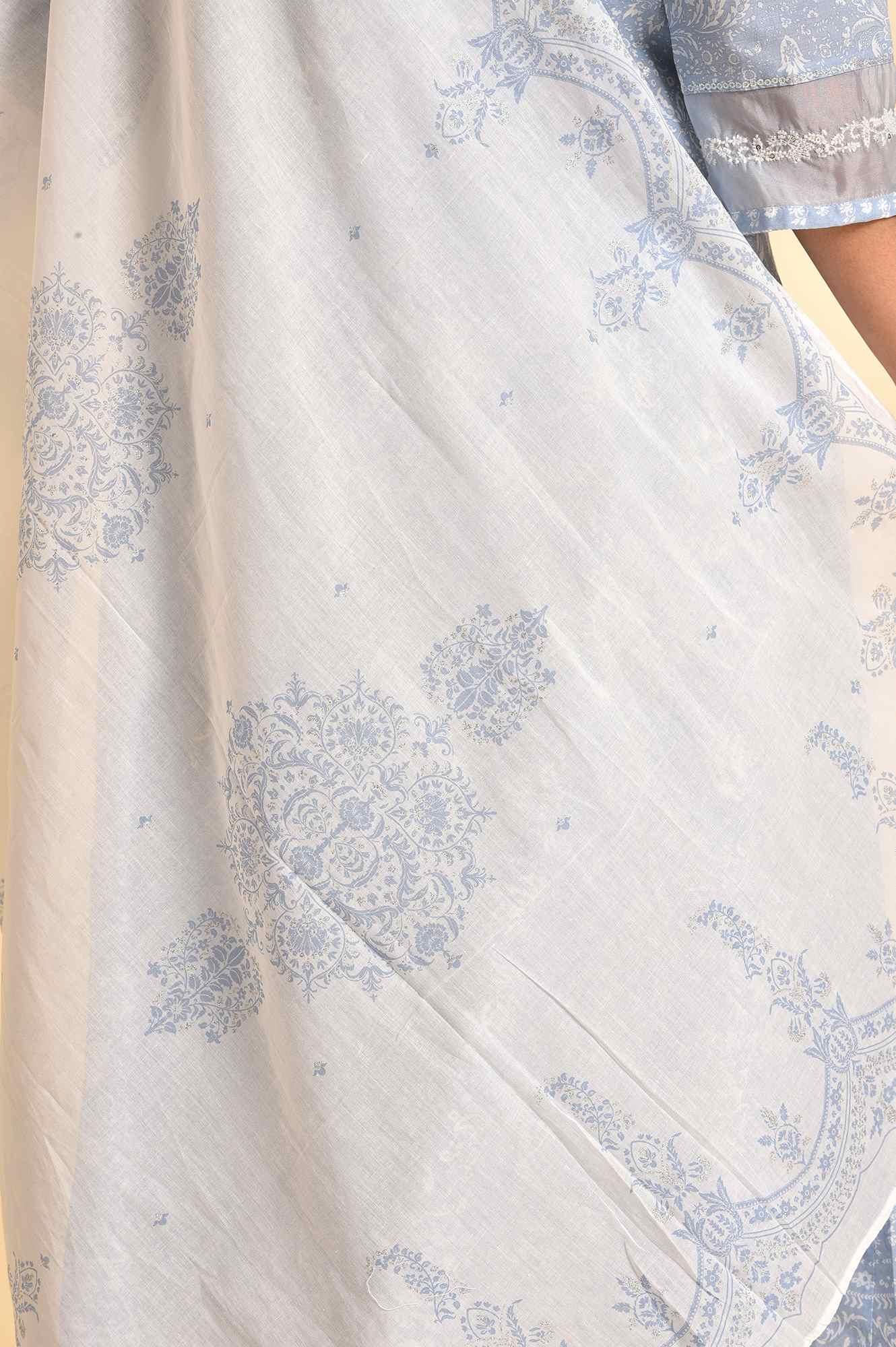 Skyway Blue Printed A-Line Kurta, Pants And Dupatta Set - wforwoman