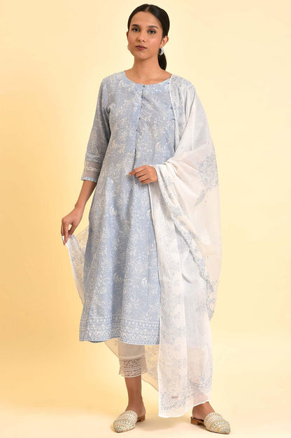 Skyway Blue Printed A-Line Kurta, Pants And Dupatta Set - wforwoman