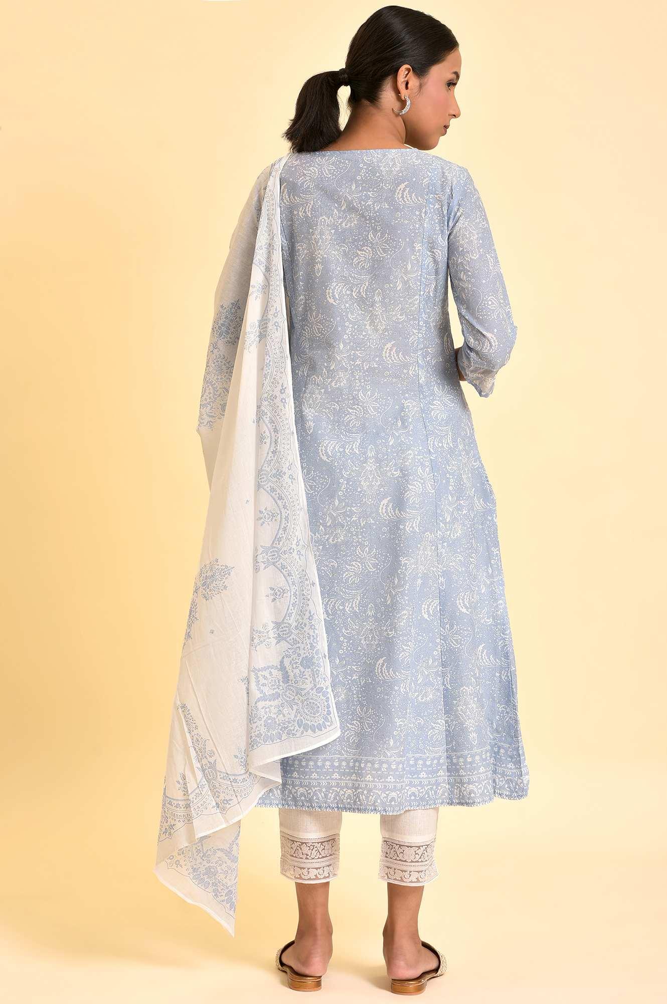 Skyway Blue Printed A-Line Kurta, Pants And Dupatta Set - wforwoman