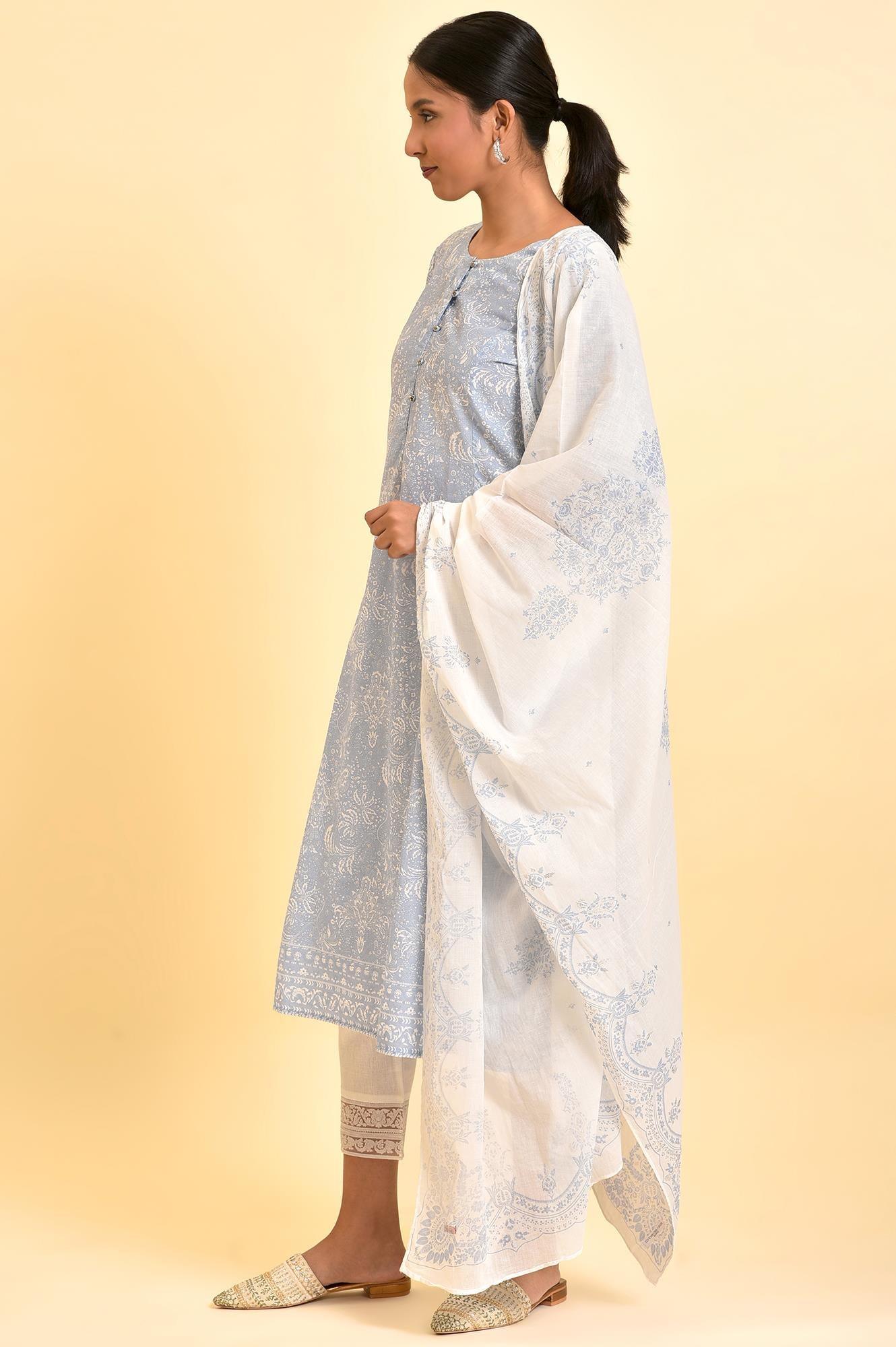 Skyway Blue Printed A-Line Kurta, Pants And Dupatta Set - wforwoman