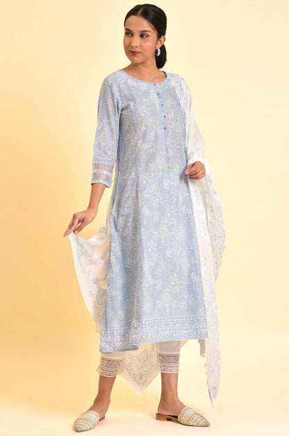 Skyway Blue Printed A-Line Kurta, Pants And Dupatta Set - wforwoman