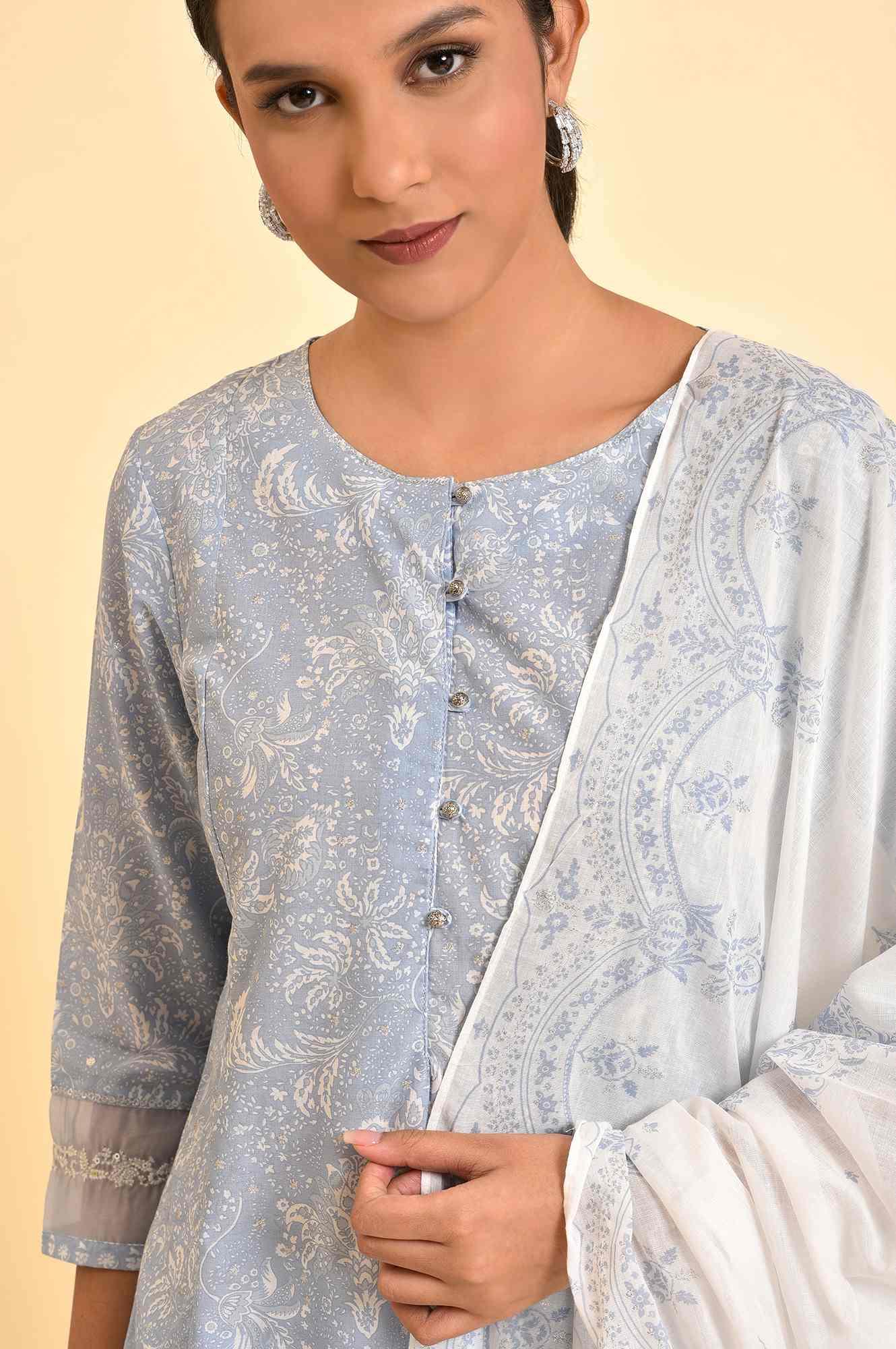 Skyway Blue Printed A-Line Kurta, Pants And Dupatta Set - wforwoman