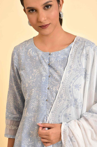 Skyway Blue Printed A-Line Kurta, Pants And Dupatta Set - wforwoman