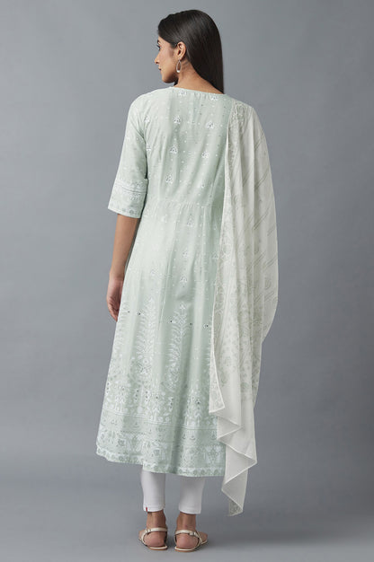 Light Green Printed kurta with Ecru Tights and Dupatta