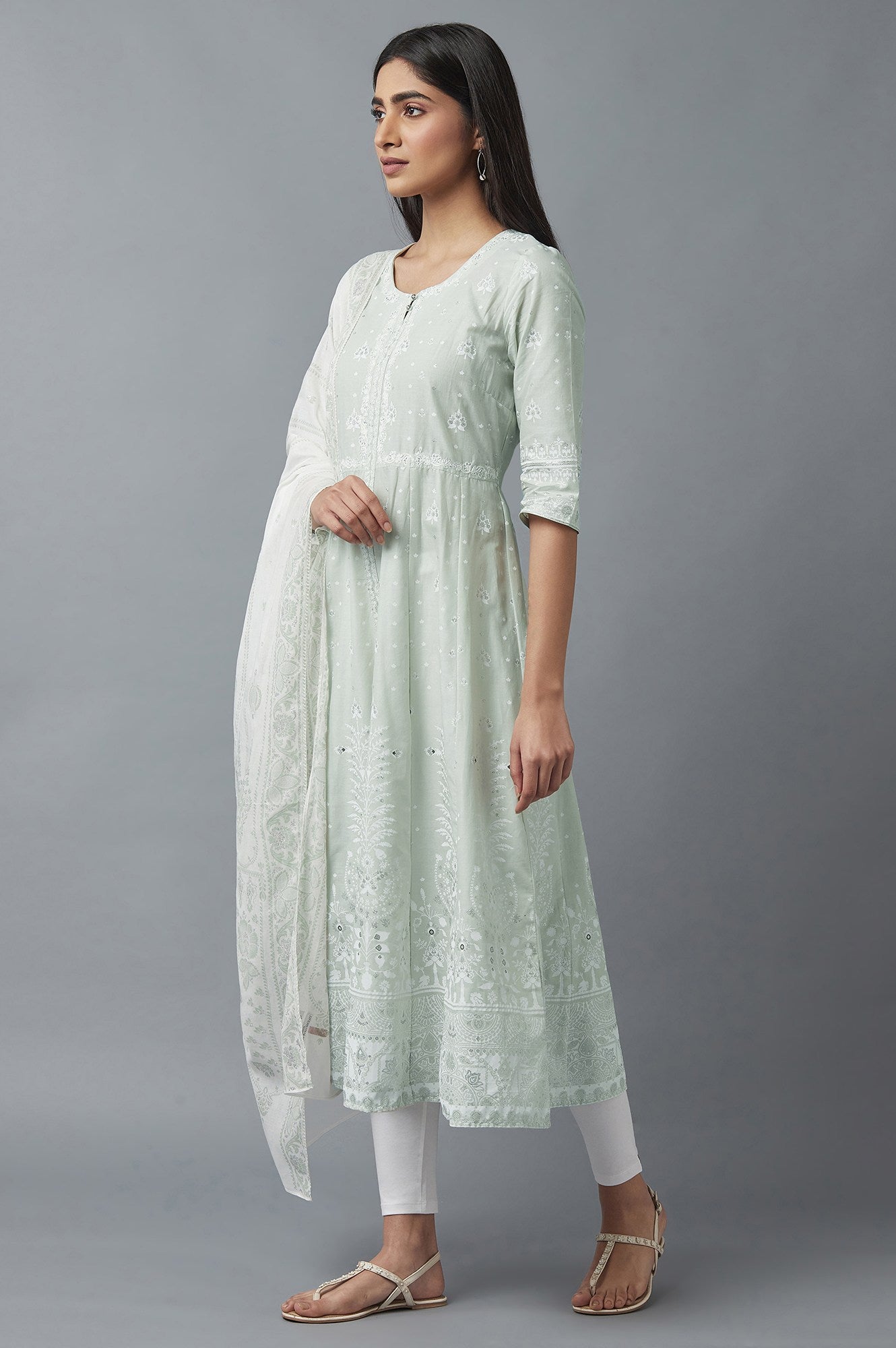 Light Green Printed kurta with Ecru Tights and Dupatta