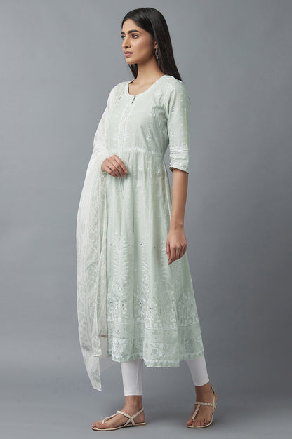 Light Green Printed kurta with Ecru Tights and Dupatta