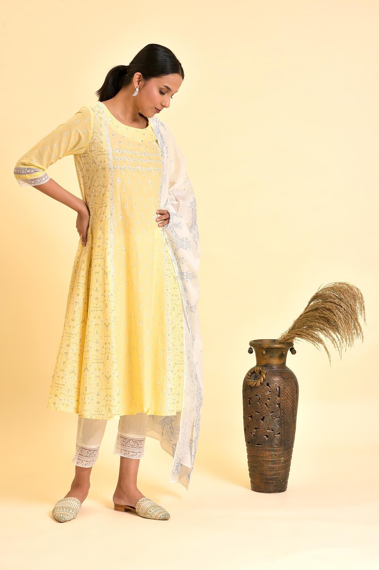 Yellow A-Line Embroidered Kurta, Pants And Dupatta Set - wforwoman