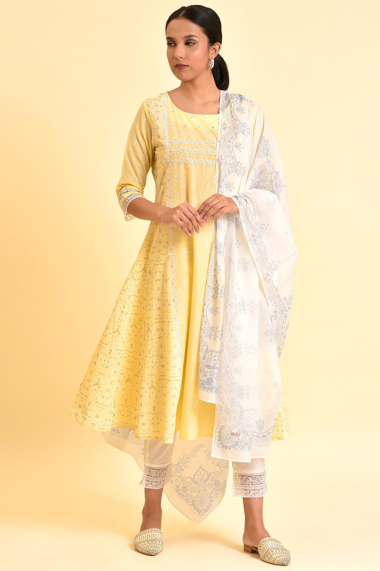 Yellow A-Line Embroidered Kurta, Pants And Dupatta Set - wforwoman