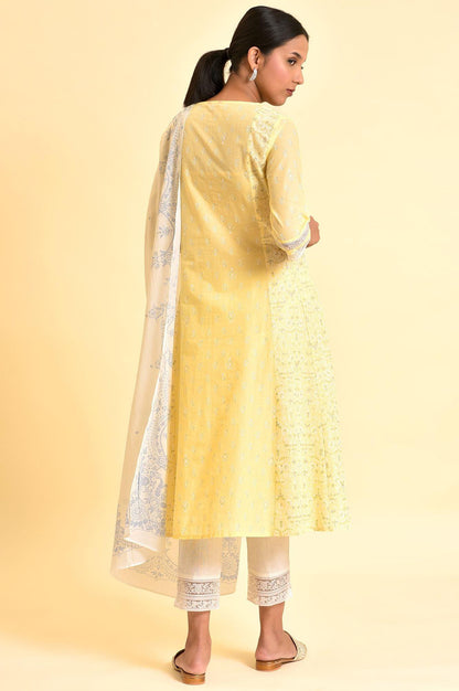 Yellow A-Line Embroidered Kurta, Pants And Dupatta Set - wforwoman