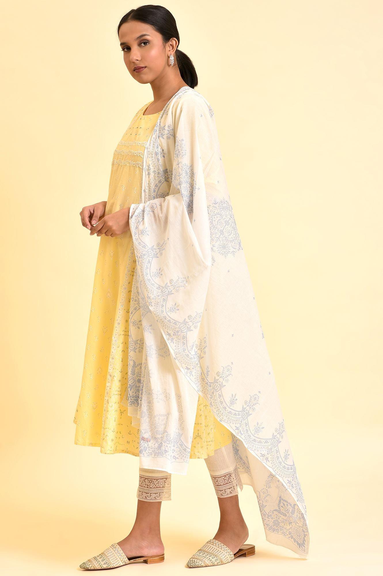 Yellow A-Line Embroidered Kurta, Pants And Dupatta Set - wforwoman