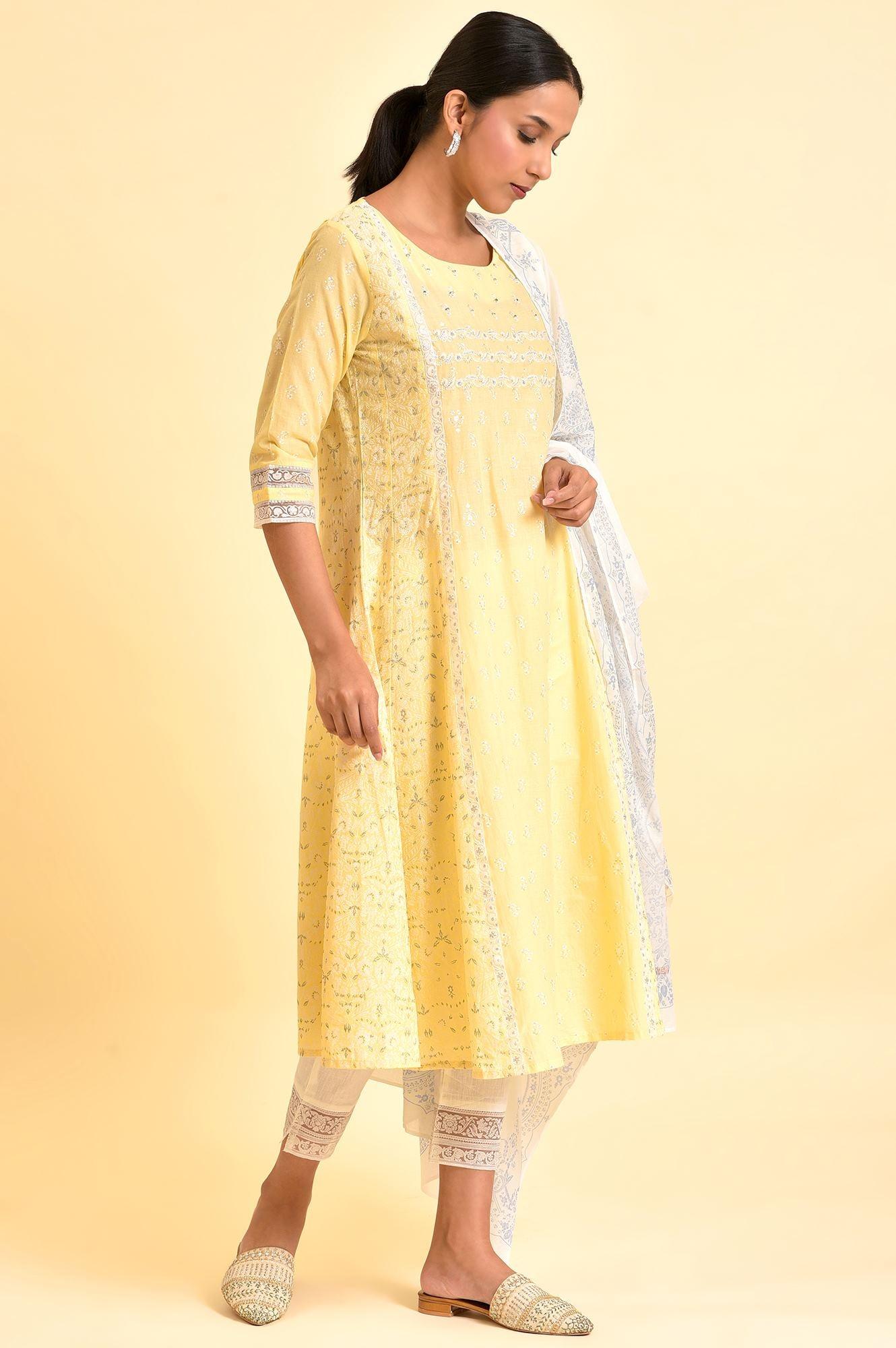 Yellow A-Line Embroidered Kurta, Pants And Dupatta Set - wforwoman