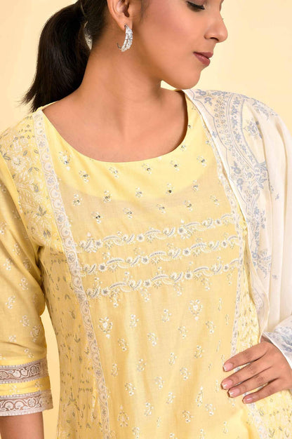 Yellow A-Line Embroidered Kurta, Pants And Dupatta Set - wforwoman