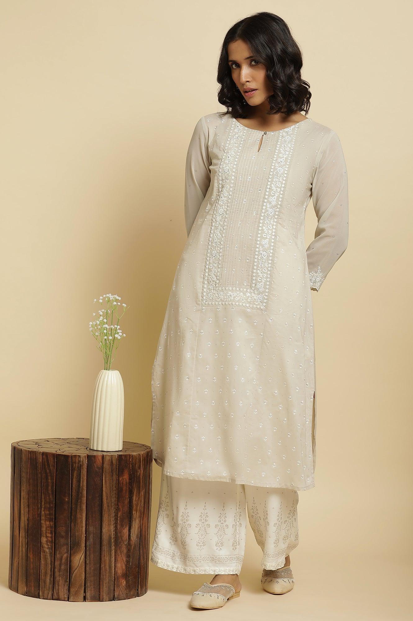 Grey Embroidered Kurta &amp; Parallel Pants Set - wforwoman