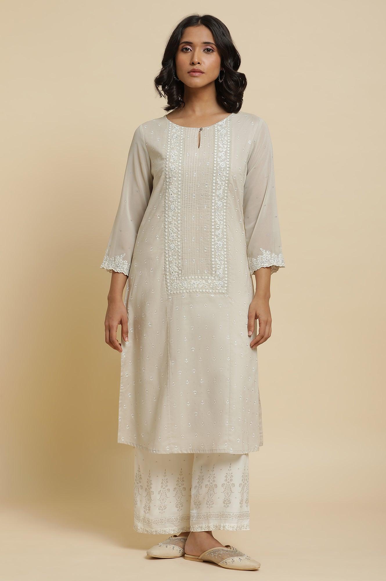 Grey Embroidered Kurta &amp; Parallel Pants Set - wforwoman