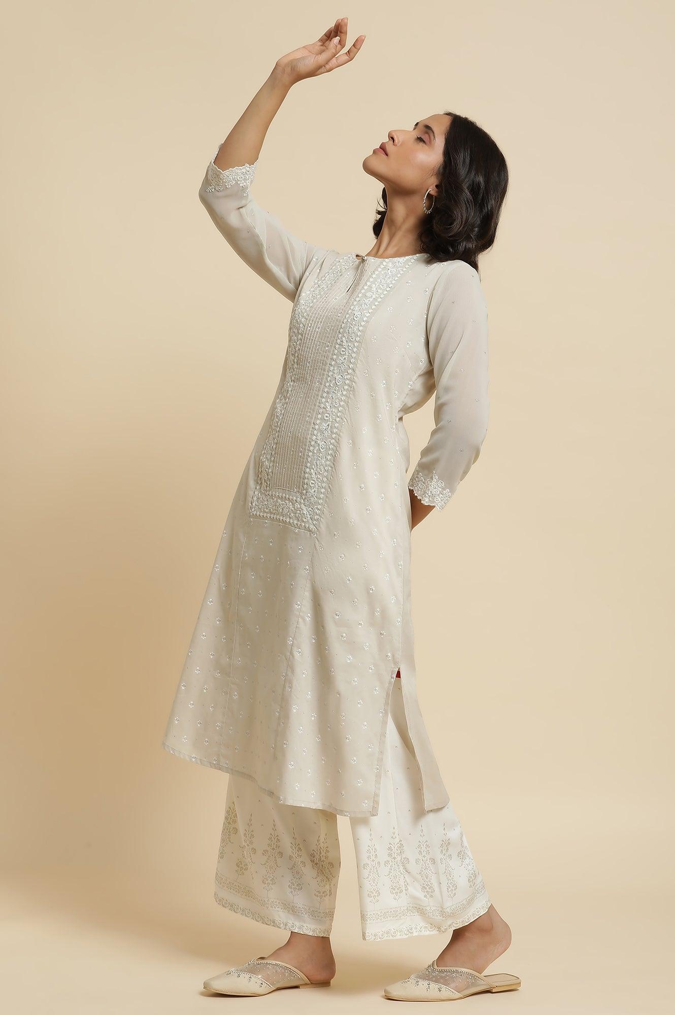 Grey Embroidered Kurta &amp; Parallel Pants Set - wforwoman