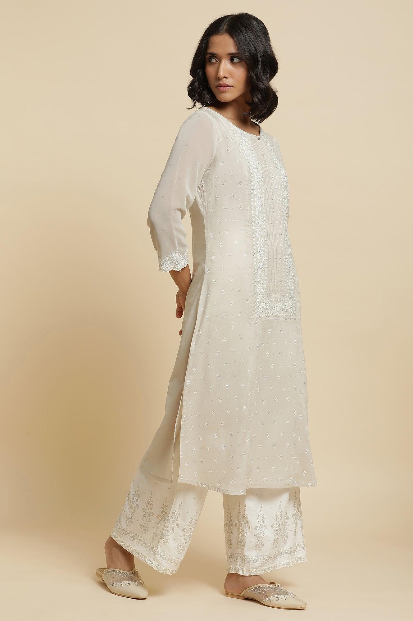 Grey Embroidered Kurta &amp; Parallel Pants Set - wforwoman