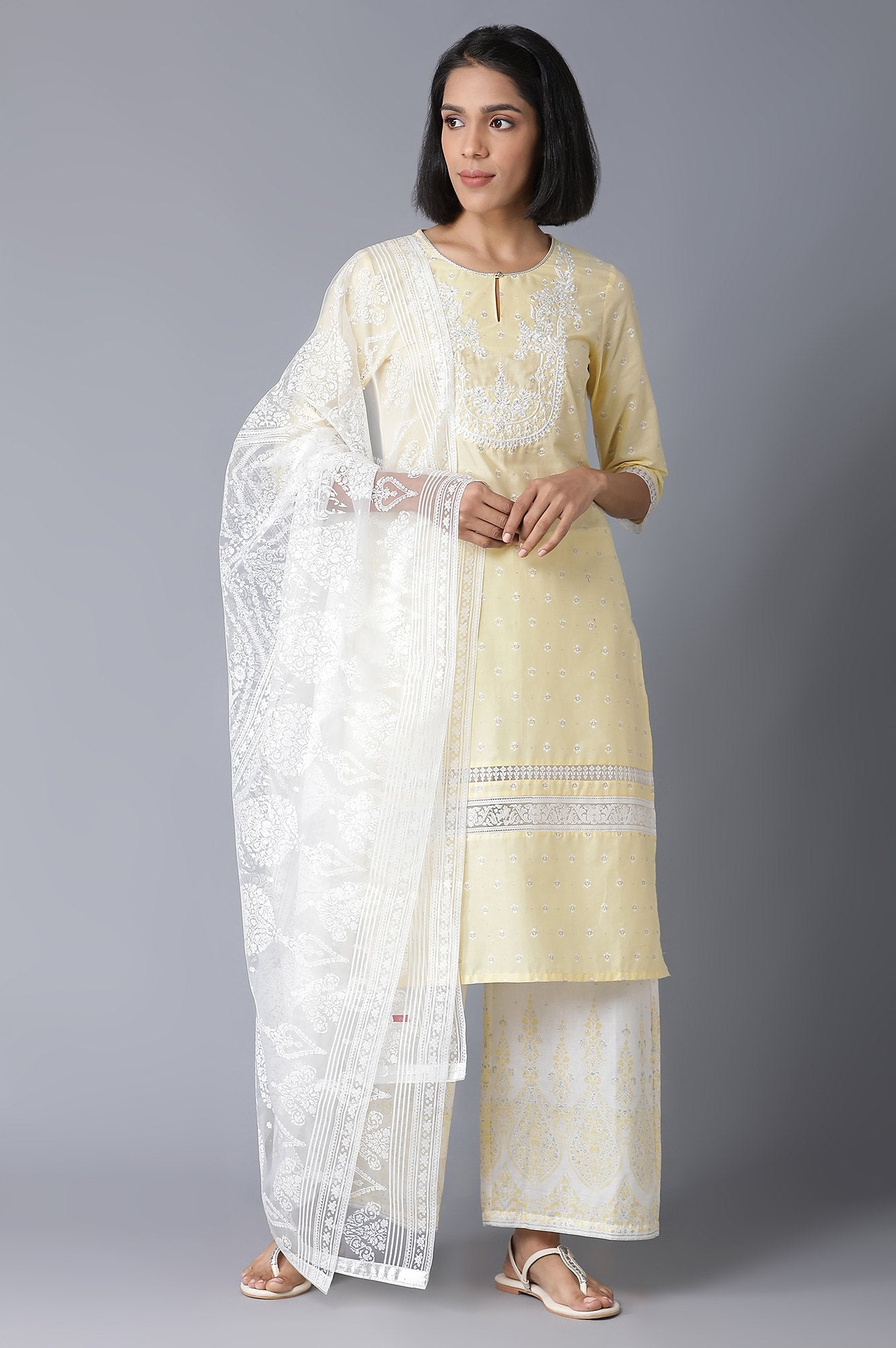 Yellow Printed kurta with Parallel Pants and Dupatta