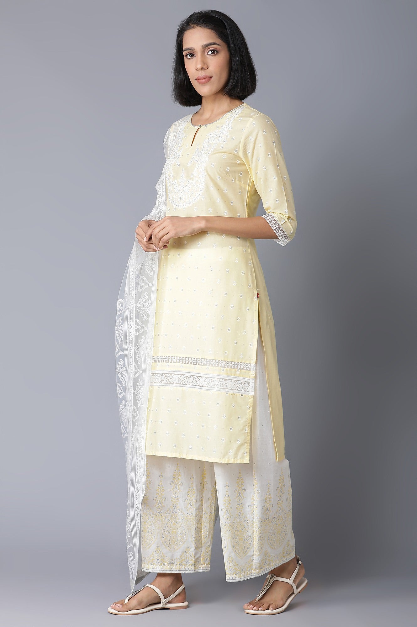 Yellow Printed kurta with Parallel Pants and Dupatta