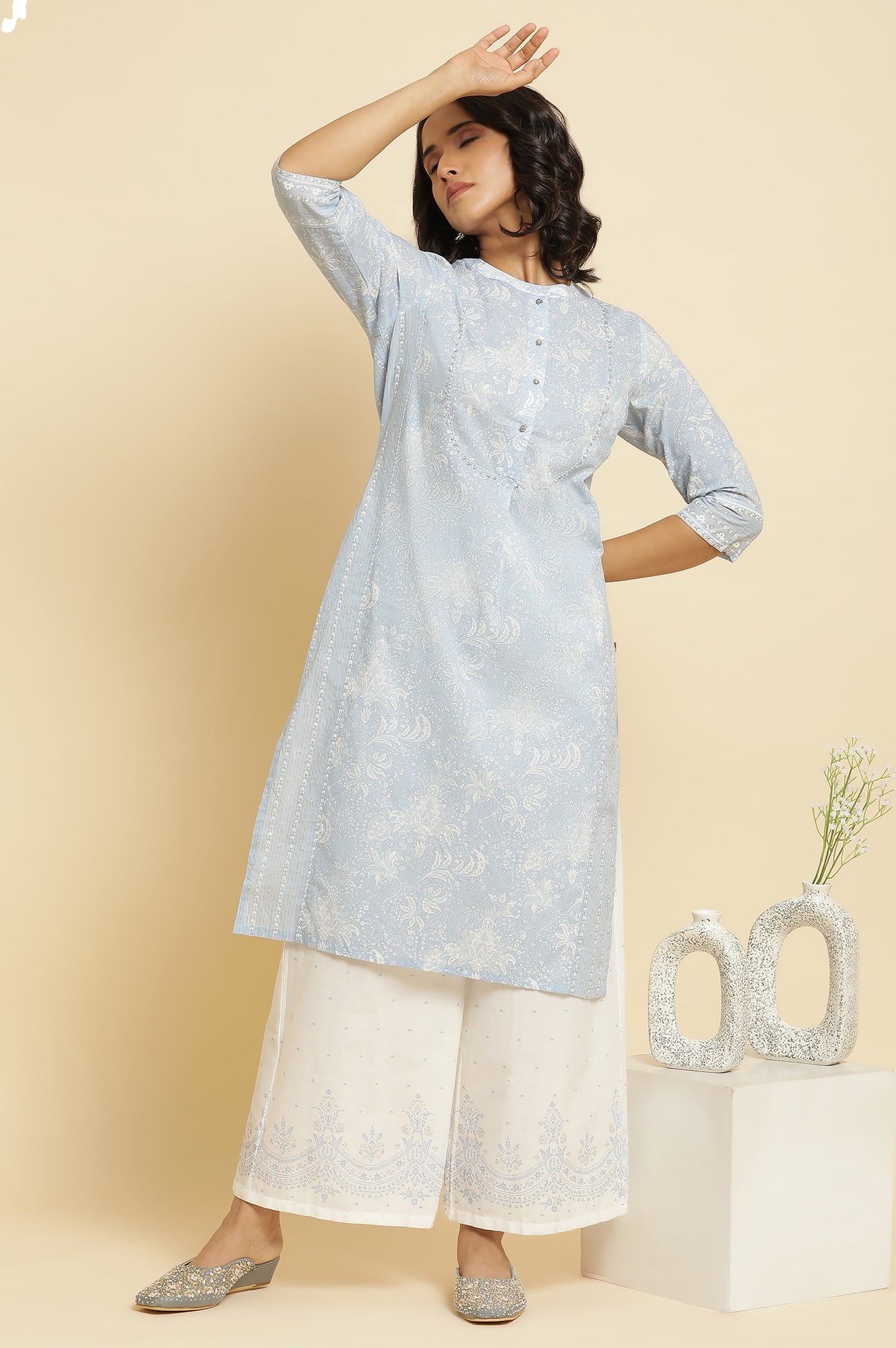 Blue Printed Kurta &amp; Parallel Pants Set