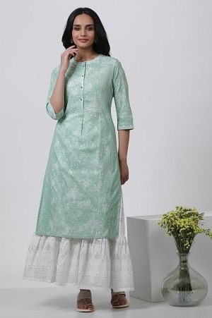 Light Green Floral Printed Kurta And Tiered Skirt