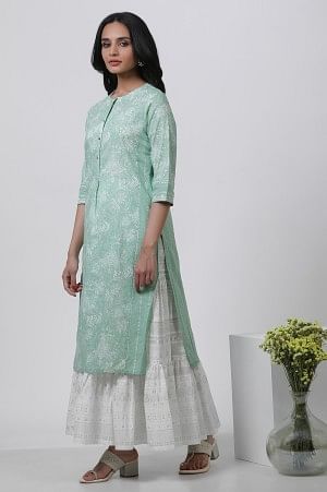 Light Green Floral Printed Kurta And Tiered Skirt