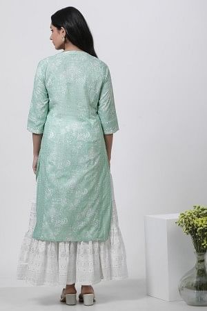 Light Green Floral Printed Kurta And Tiered Skirt