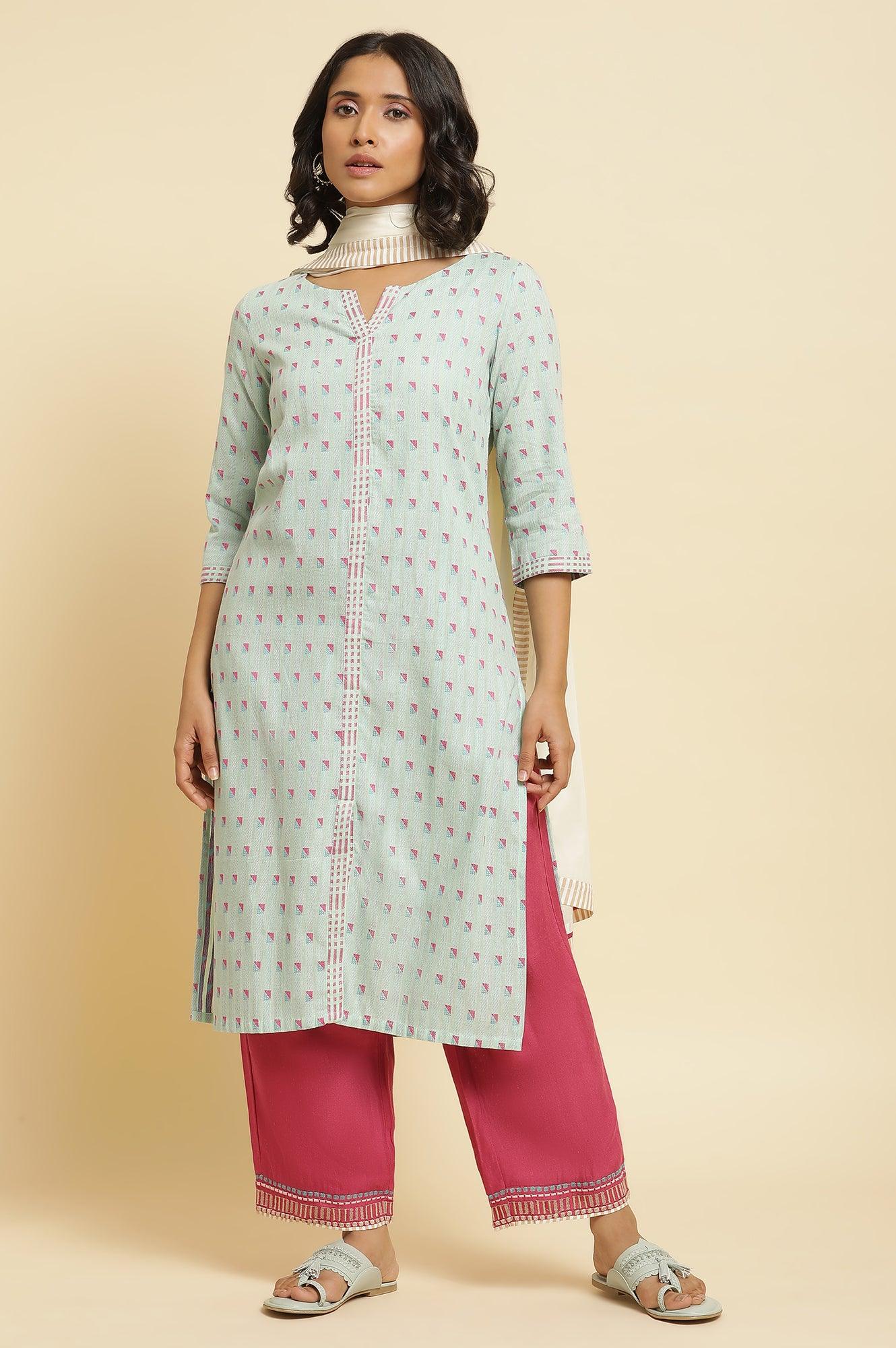 Light Blue Printed Kurta, Parallel Pants &amp; Dupatta - wforwoman