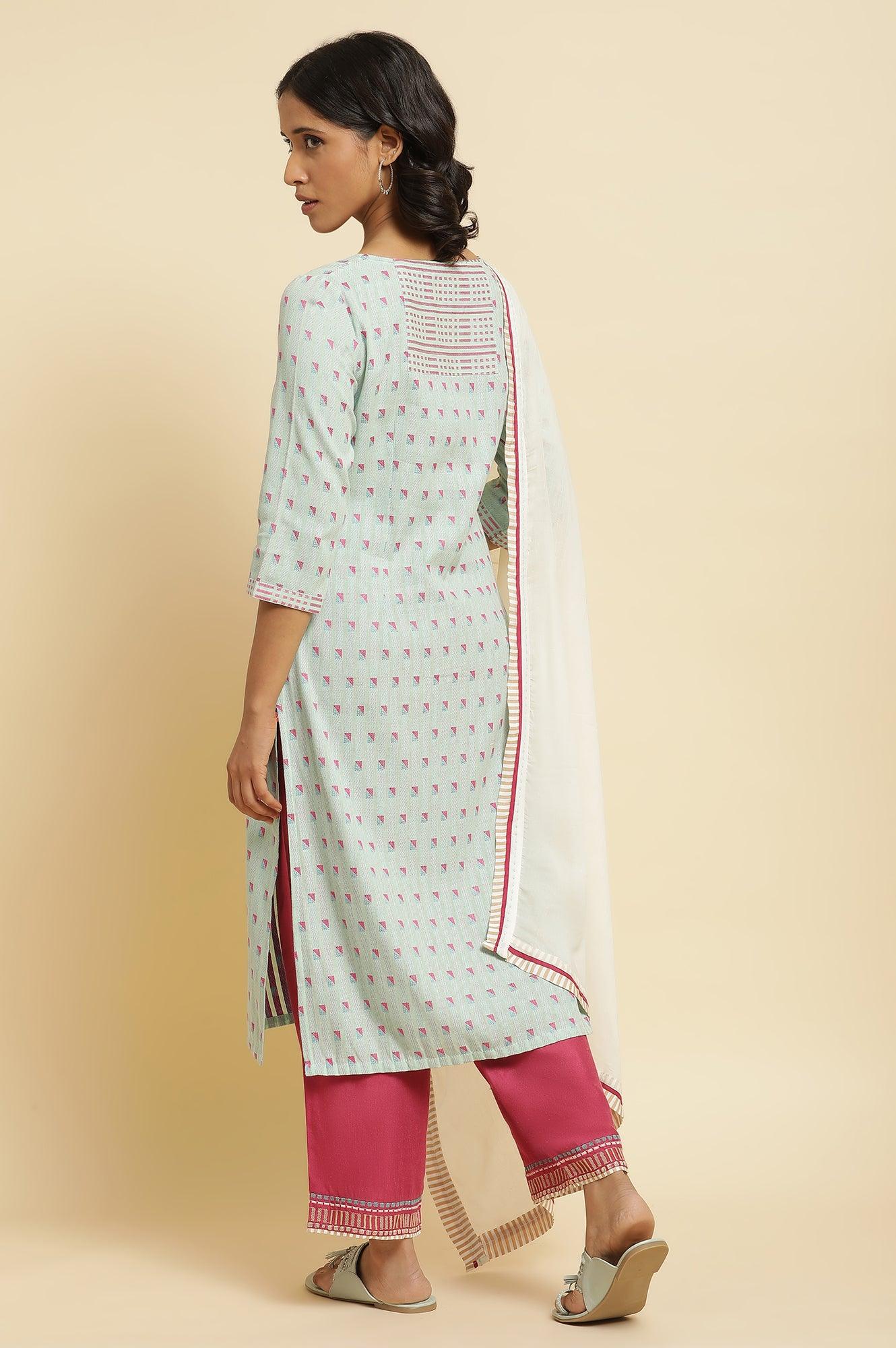 Light Blue Printed Kurta, Parallel Pants &amp; Dupatta - wforwoman