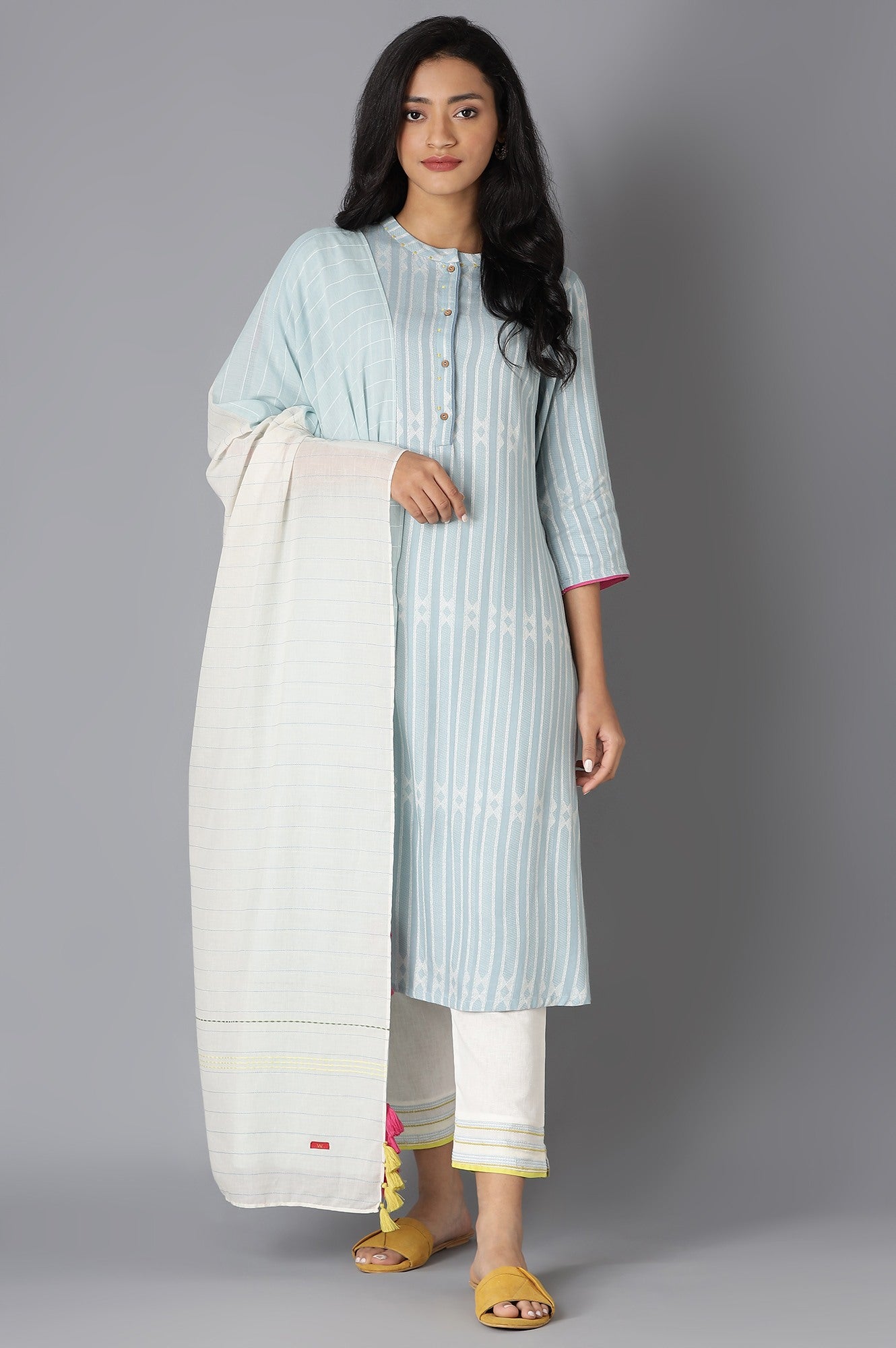 Blue Dobby Straight kurta With Ecru Slim Pants And Dupatta