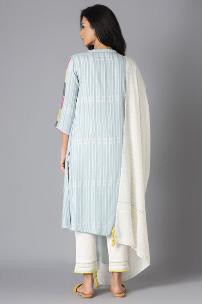 Blue Dobby Straight kurta With Ecru Slim Pants And Dupatta