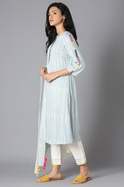 Blue Dobby Straight kurta With Ecru Slim Pants And Dupatta