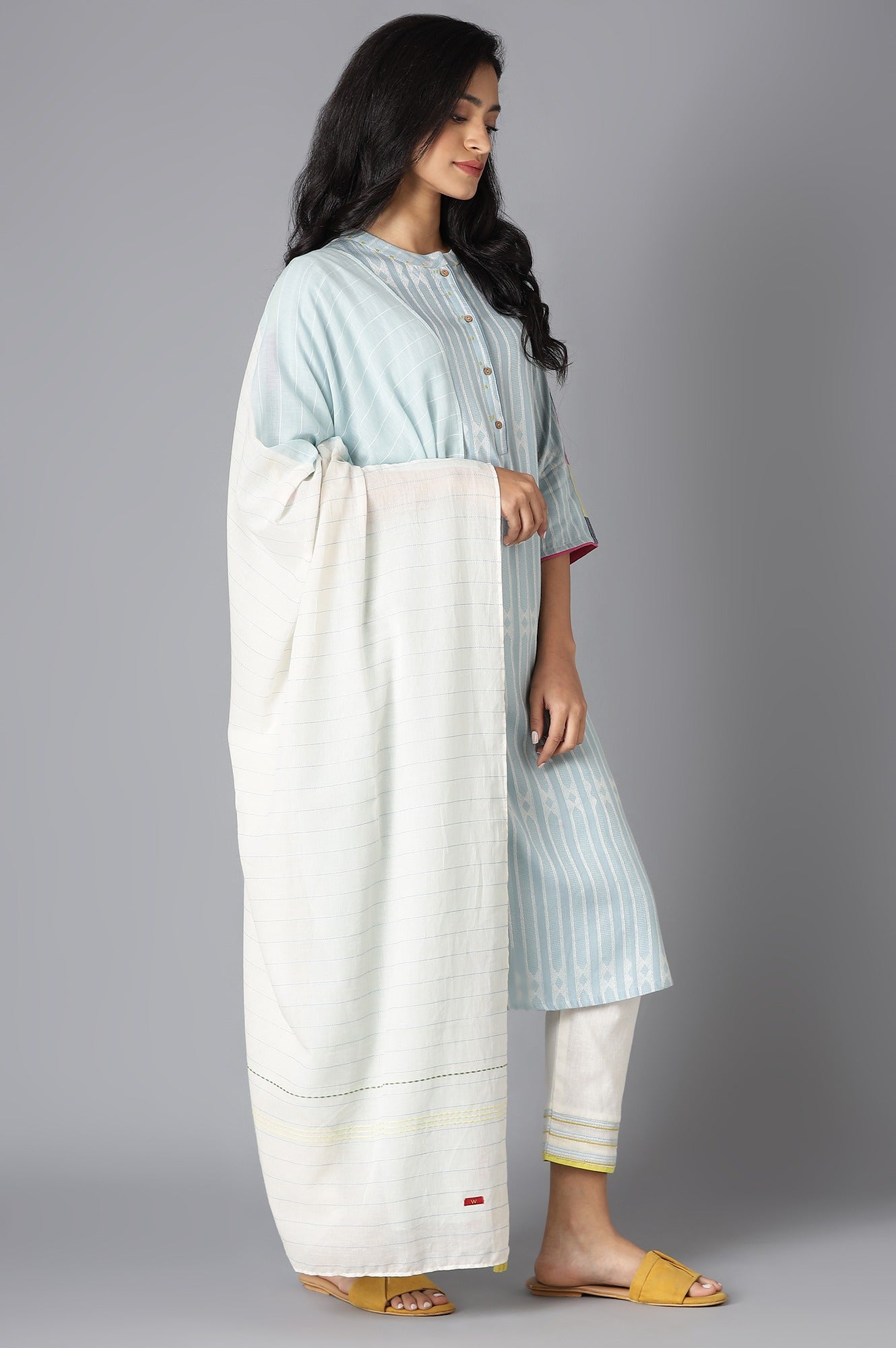 Blue Dobby Straight kurta With Ecru Slim Pants And Dupatta