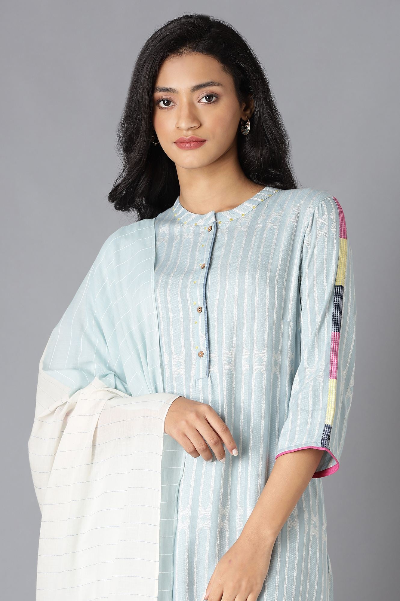 Blue Dobby Straight kurta With Ecru Slim Pants And Dupatta