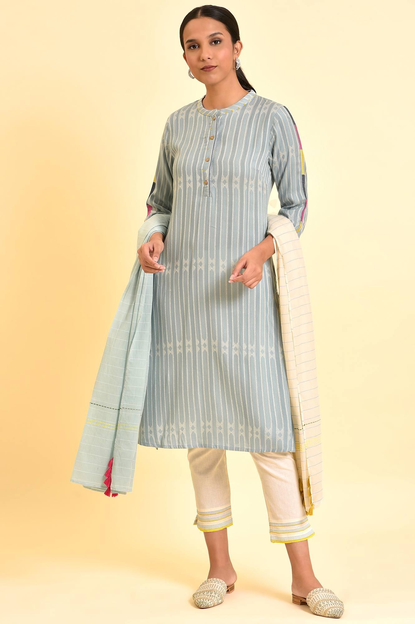 Light Yarn-Dyed Kurta, Pants And Dupatta Set - wforwoman