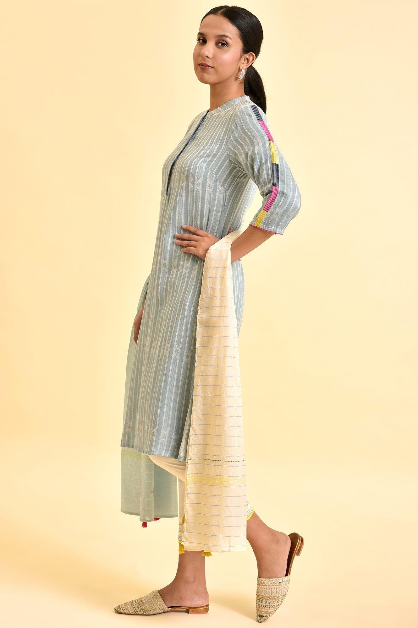 Light Yarn-Dyed Kurta, Pants And Dupatta Set - wforwoman