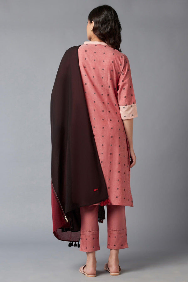 Light Red Dobby Collared-V kurta With Black Slim Pants And Dupatta