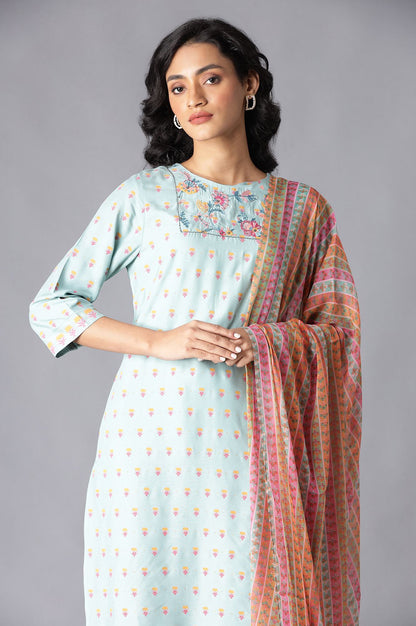 Aqua Blue Embroidered kurta In Round Neck With Parallel Pants And Chiffon Dupatta
