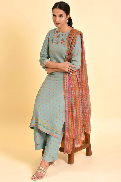 Blue Embroidered Kurta, Parallel Pants &amp; Dupatta Set