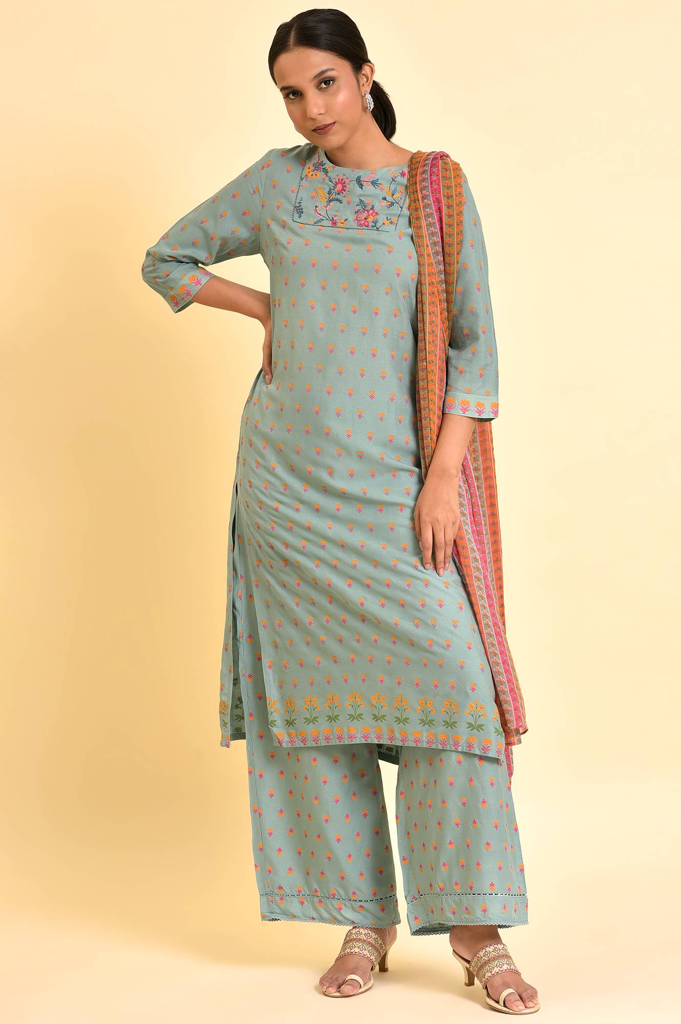 Blue Embroidered Kurta, Parallel Pants &amp; Dupatta Set