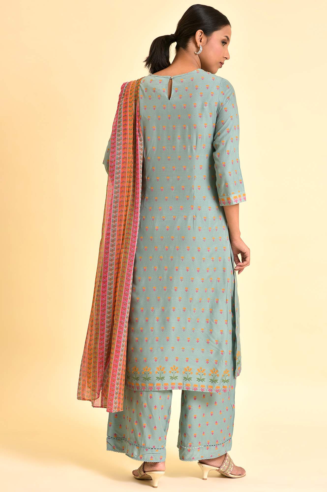 Blue Embroidered Kurta, Parallel Pants &amp; Dupatta Set