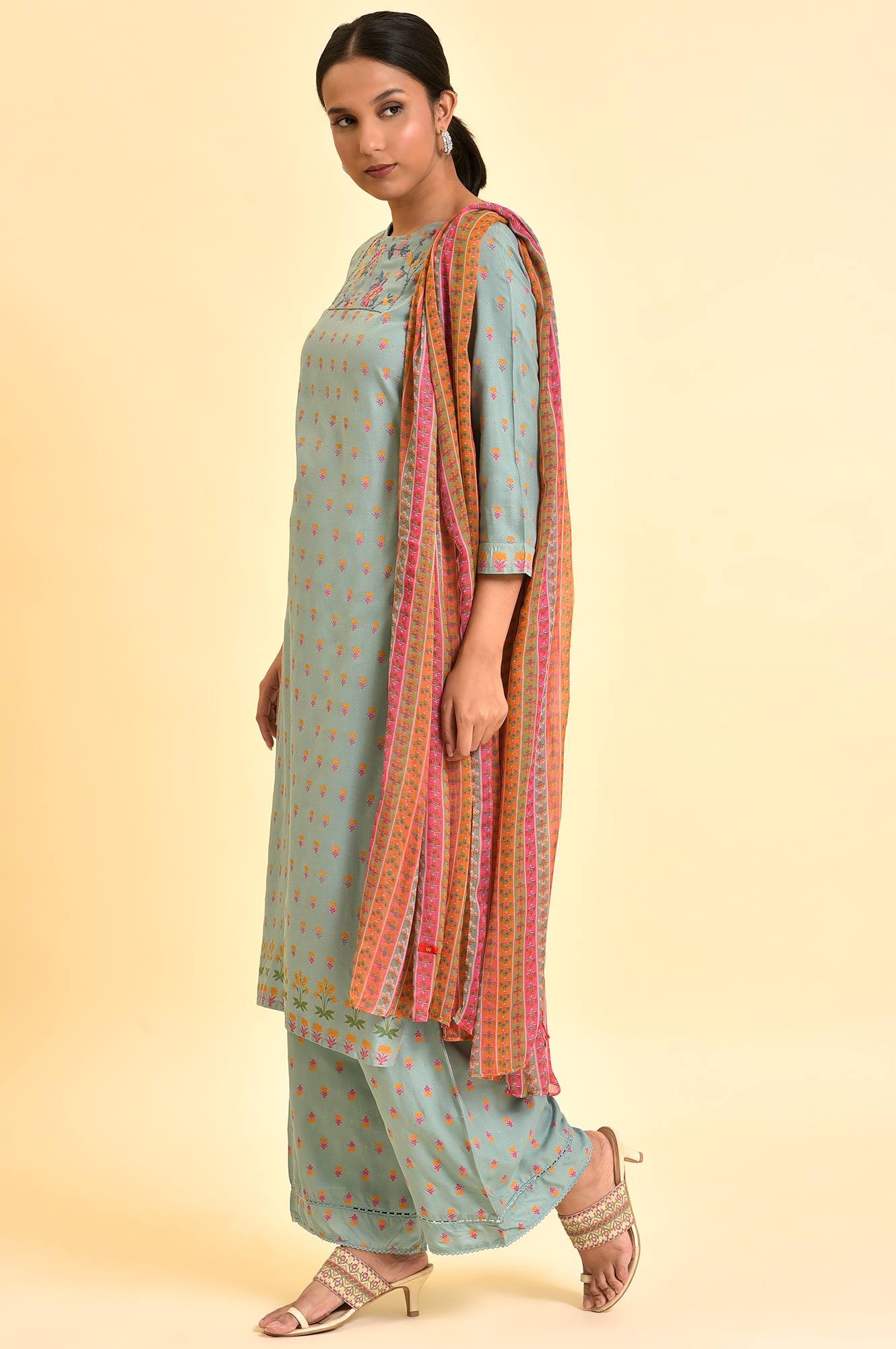 Blue Embroidered Kurta, Parallel Pants &amp; Dupatta Set