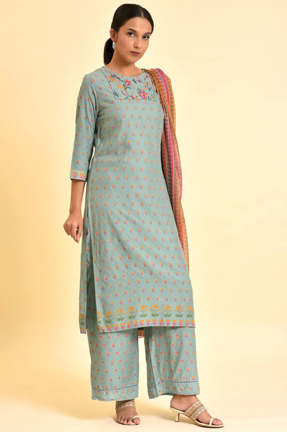 Blue Embroidered Kurta, Parallel Pants &amp; Dupatta Set