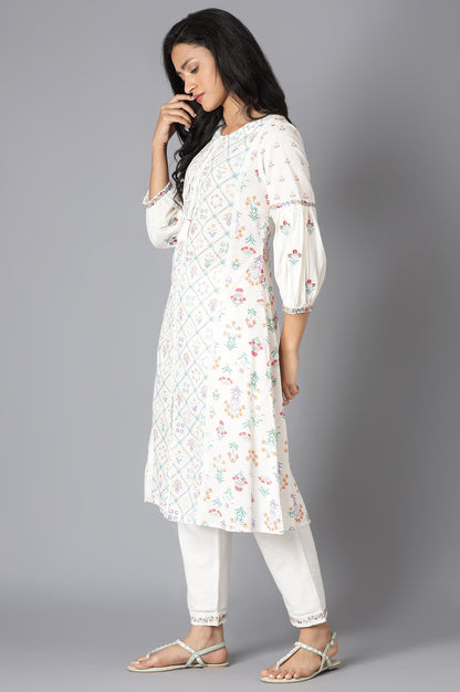 White Floral Print kurta And Slim Pants Set